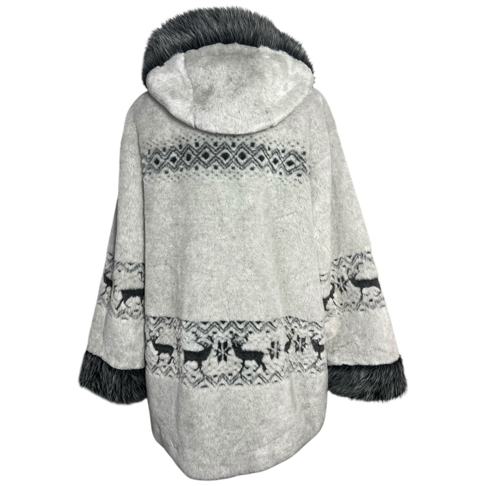 Nordic Lights gray heavyweight faux fur hooded coat deer snowflake motif size L - Picture 3 of 7